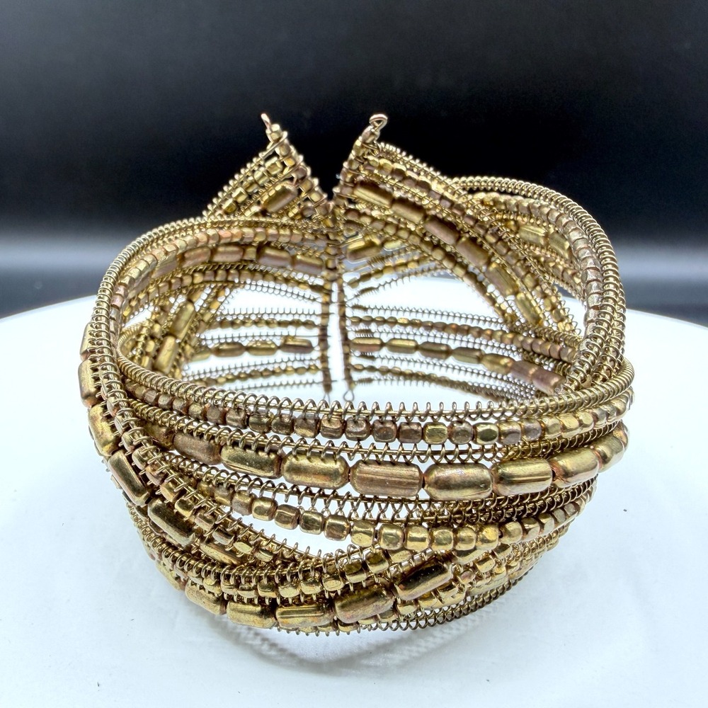 Gold Tone Multi Strand Beaded Wire Cuff Bracelet Boho Statement Festival Jewelry